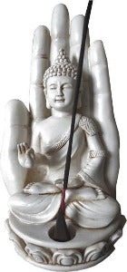Porte encens bouddha blanc assis sur main 24cm